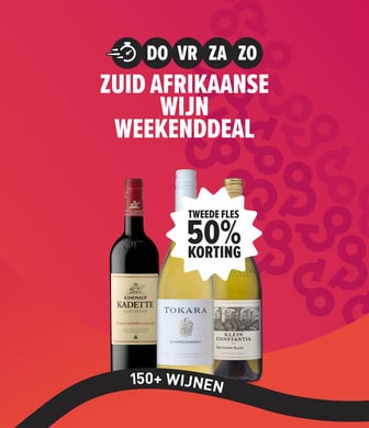 Weekenddeal meer dan 150= zuid afrikaanse wijnen 2e fles 50% korting